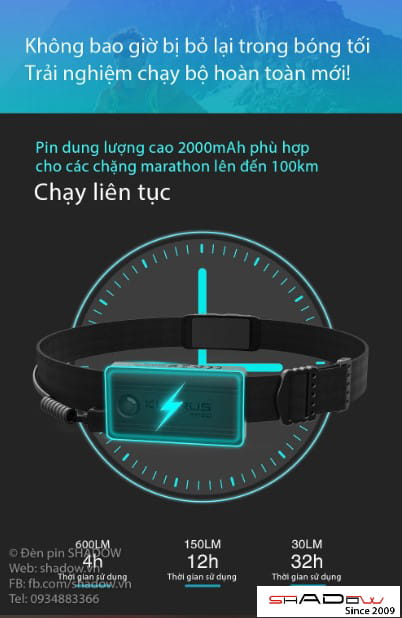 Đèn pin đội đầu KLARUS HR1 Pro sử dụng pin dung lượng 2000mah