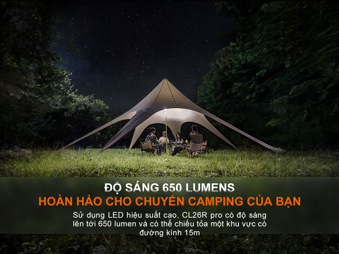 Đèn pin cắm trại FENIX CL26R Pro có độ sáng 650 độ sáng phù hợp với 4-5 người khi đi cắm trại