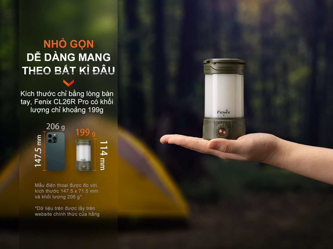 Đèn pin cắm trại FENIX CL26R Pro có kích thước nhỏ gọn, và trọng lượng siêu nhẹ, chưa tới 200gr