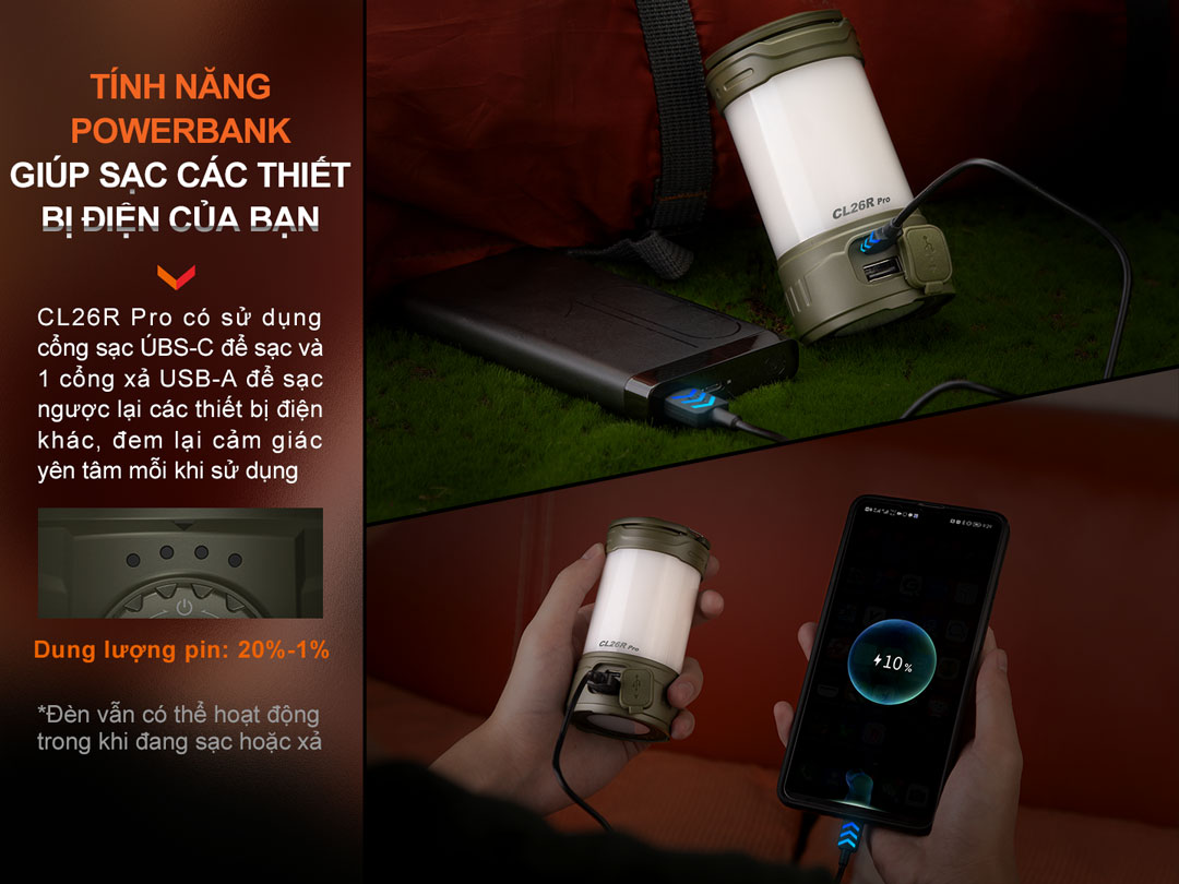 Đèn pin cắm trại FENIX CL26R Pro kèm tính năng powerbank, có thể sạc lại các thiết bị khác