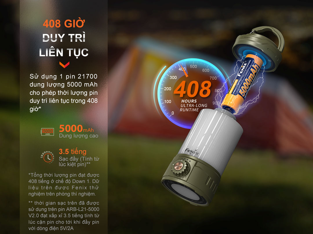 Đèn pin cắm trại FENIX CL26R Pro thời gian sử dụng liên tục lên đến 408 giờ, khi sử dụng pin sạc 21700 dung lượng 5000mAh