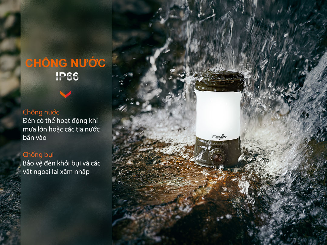 Đèn pin cắm trại FENIX CL26R Pro chống nước IP66 sẽ hoạt động tốt trong điều kiện thời tiết xấu