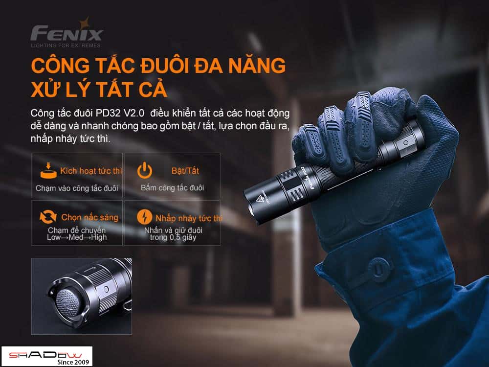 Đèn pin FENIX PD32 V2.0 có công tắc đuôi linh hoạt