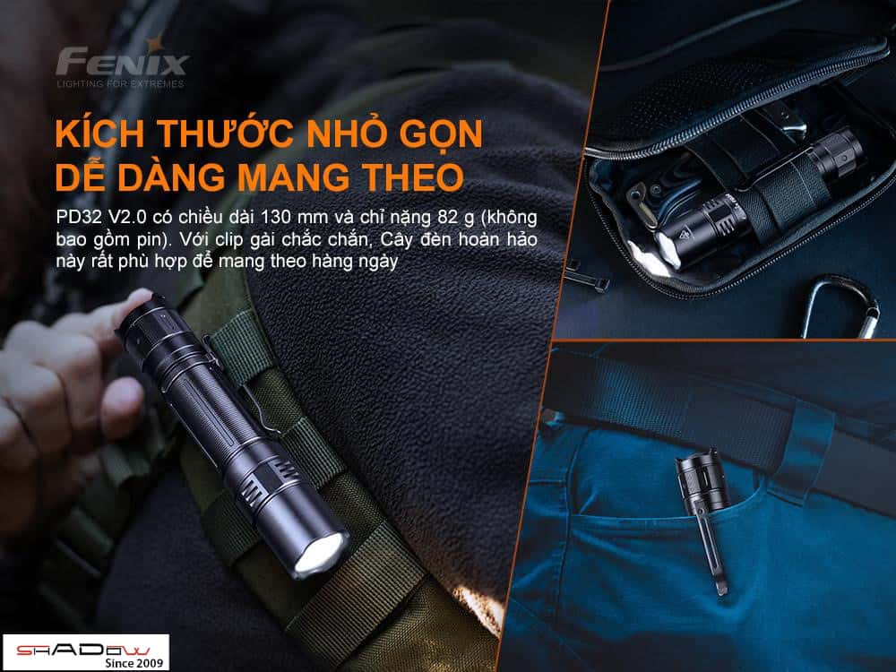 Đèn pin FENIX PD32 V2.0 có kích thước nhỏ gọn