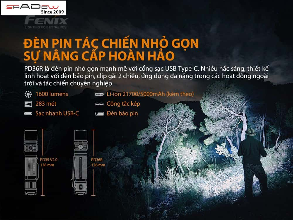 Đèn pin Fenix PD36R sử dụng cổng sạc usb type c