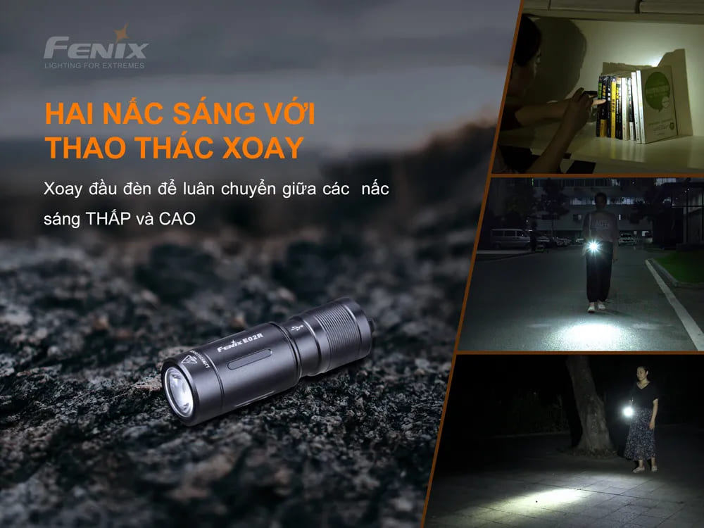 FENIX E02R điều chỉnh nấc sáng dễ dàng với thao tác xoay