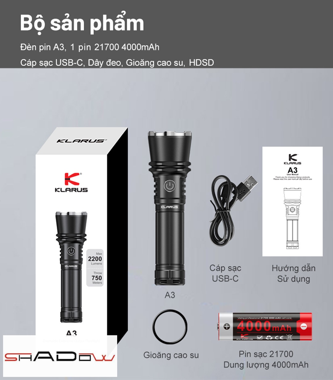 các thành phần của bộ sản phẩm đèn A3