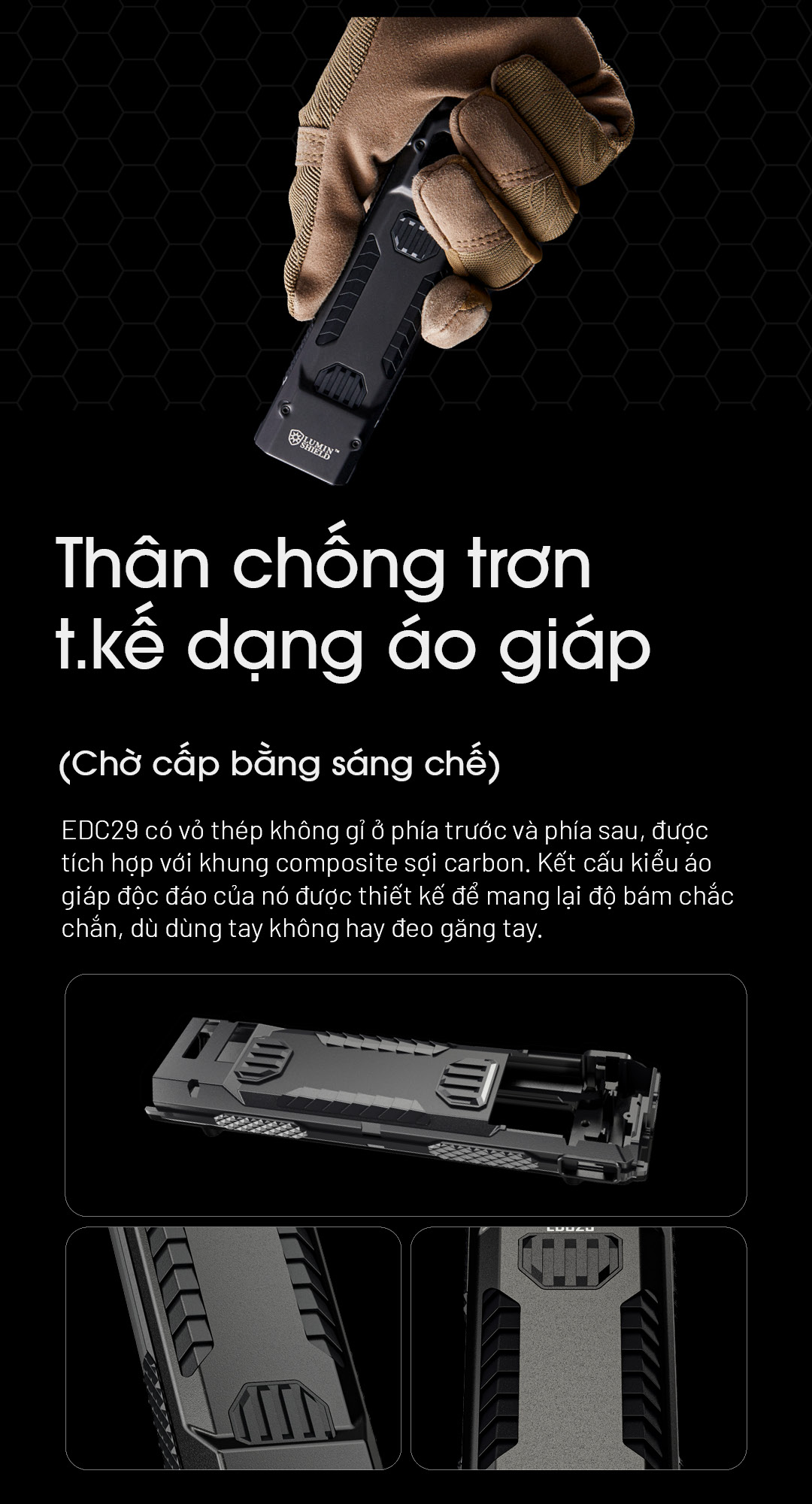 Thân vỏ NITECORE EDC29 bằng thép không gỉ, gia cường carbon composite