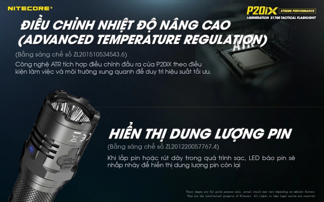 Đèn pin P20iX có hiển thị dung lượng pin 