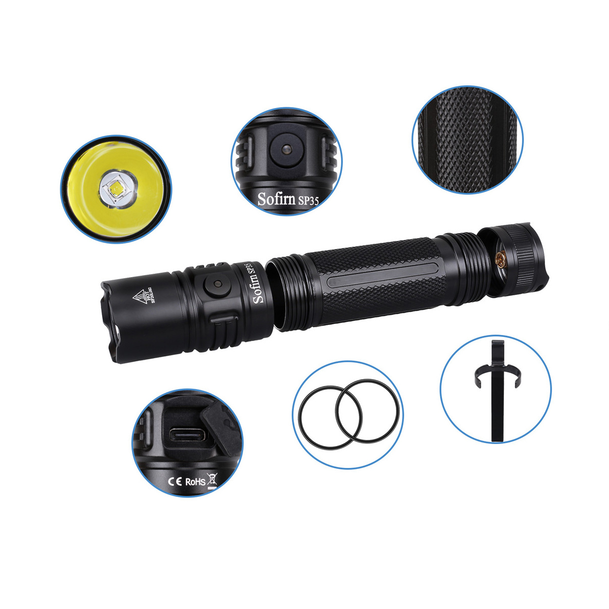 bộ sản phẩm đèn pin SOFIRN SP35 LED SST40