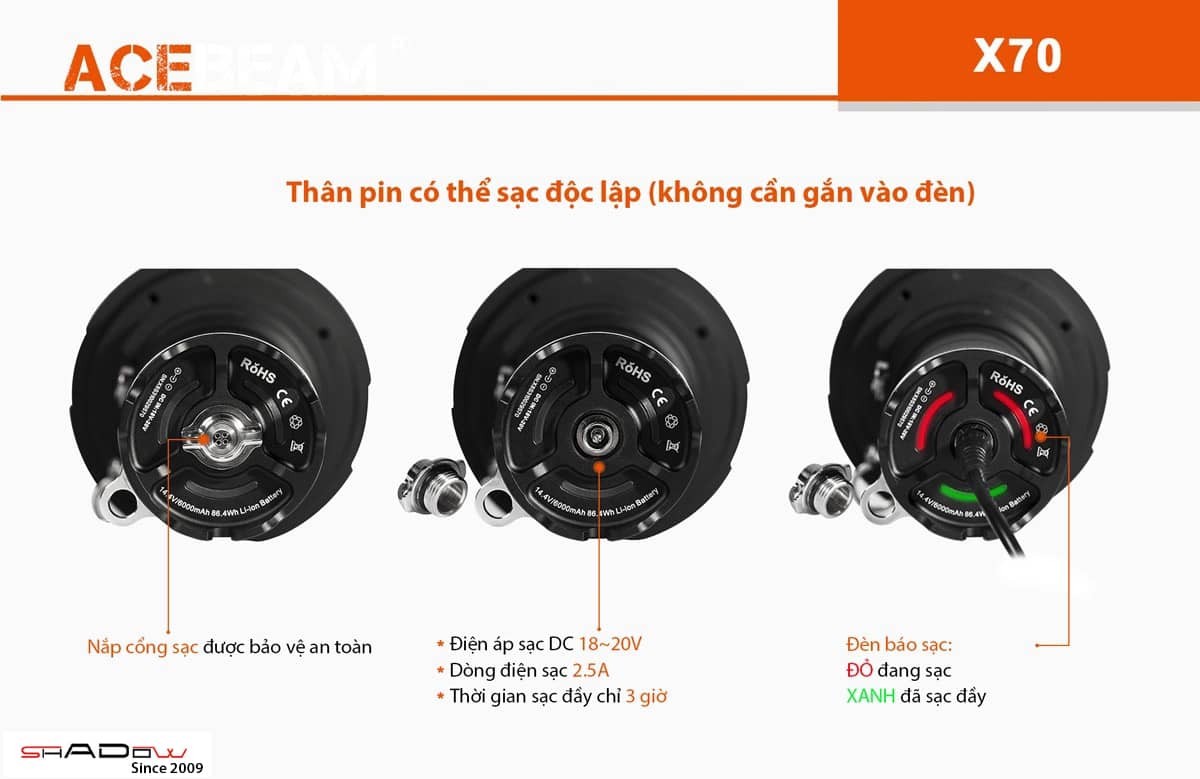 thân đèn pin acebeam x70 có thể sạc độc lập