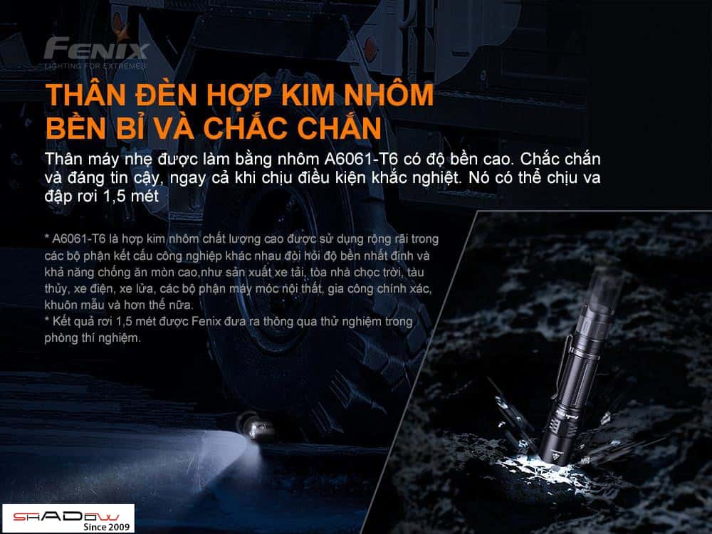 thân đèn pin FENIX PD32 V2.0 làm từ hợp kim nhôm