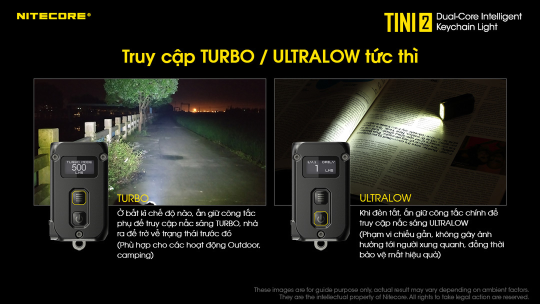 Đèn pin móc khóa NITECORE TINI2 truy cập turbo hoặc ultralow tức thì