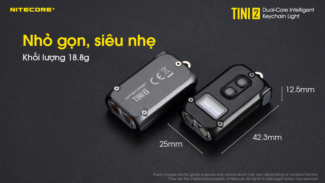 Đèn pin móc khóa NITECORE TINI2 kích thước 25x42,3x12,5 mm