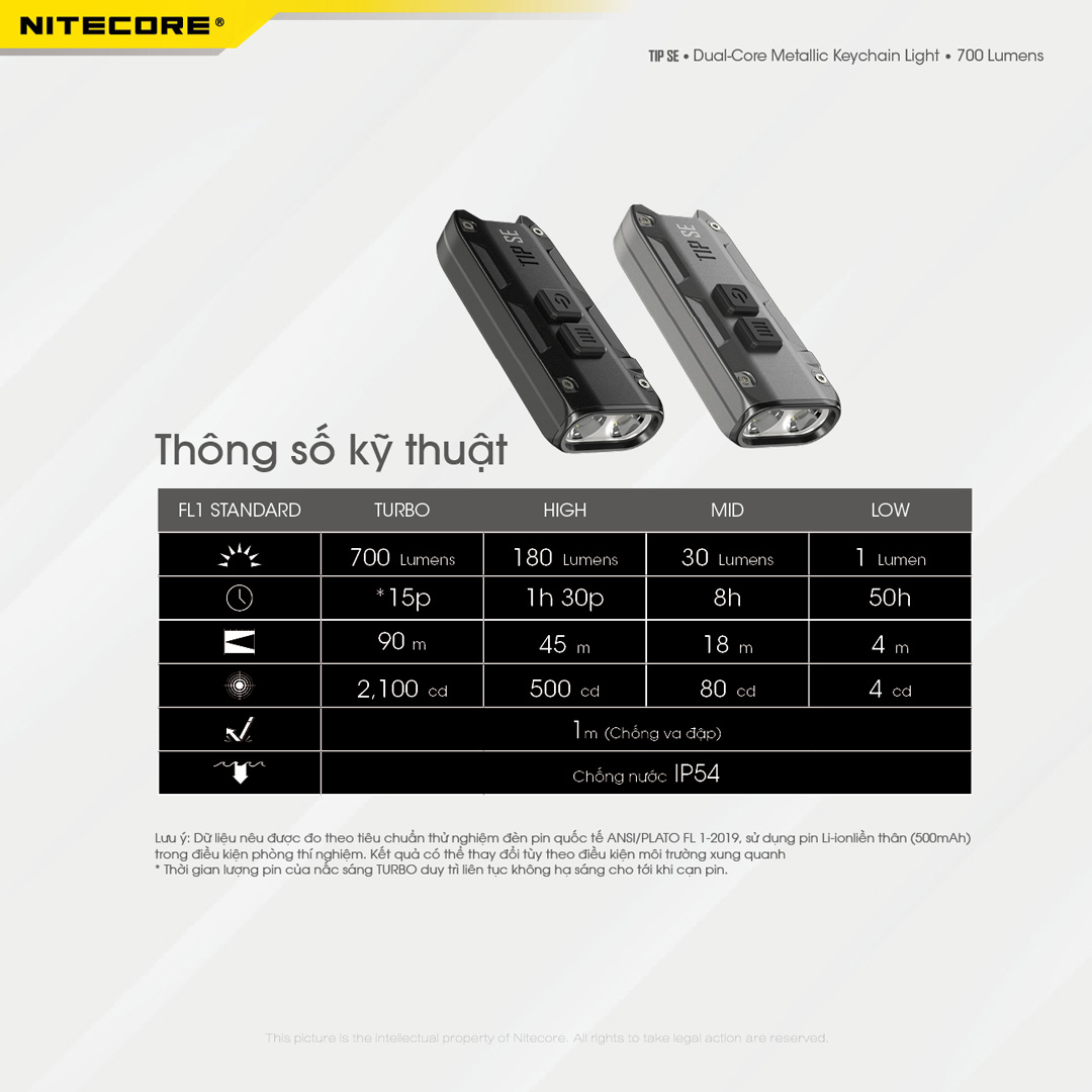 thông số chính của đèn tip se nitecore