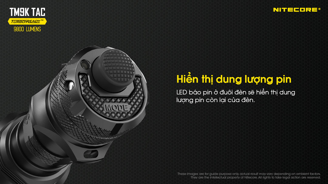Đèn pin tác chiến NITECORE TM9K có hiển thị dung lượng pin 