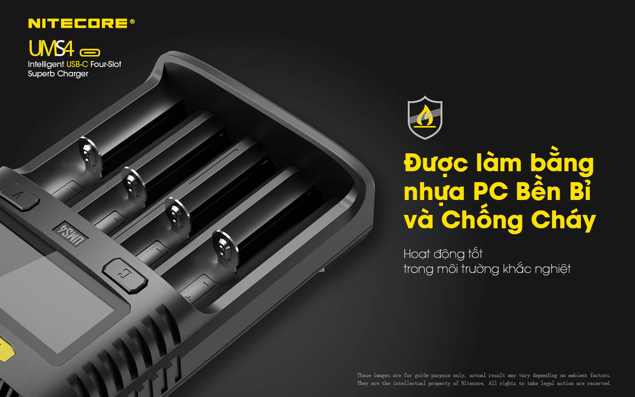 Sạc Nitecore UMS4 làm từ nhựa PC chống cháy nổ