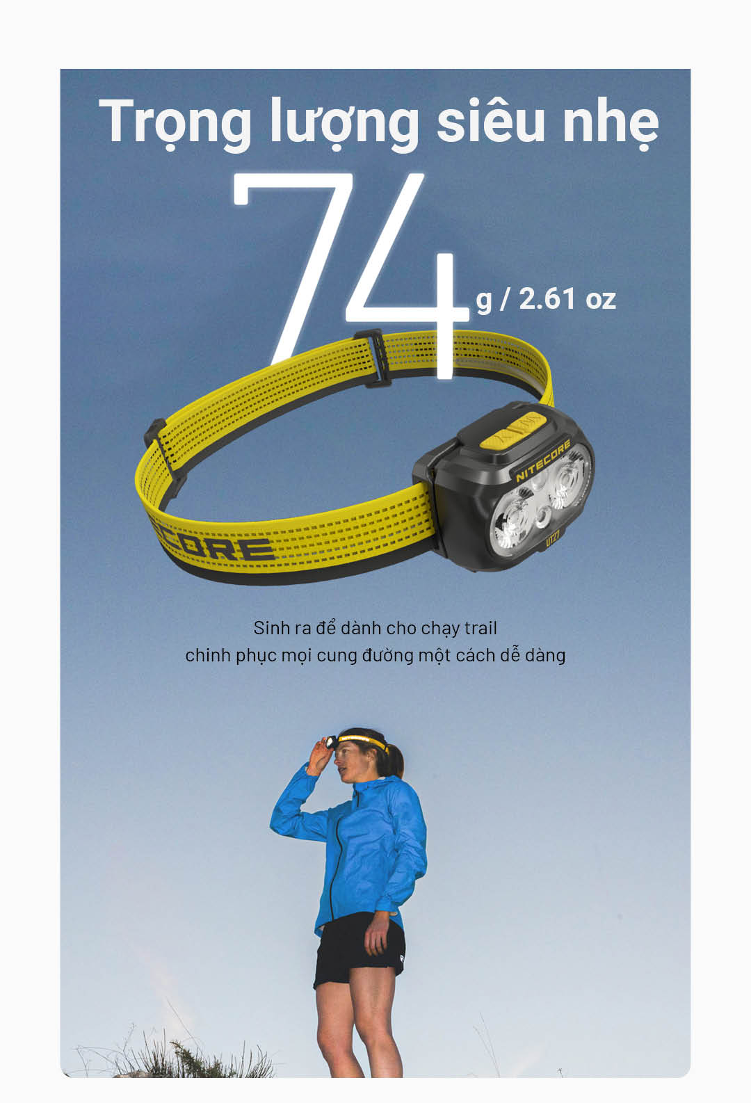 Nitecore UT27 trọng lượng 74g, dây đeo thoáng khí, thiết kế tối ưu cho chạy trail đường dài