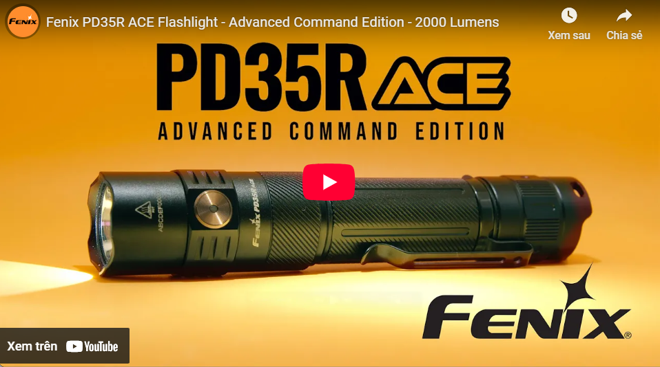 Hình ảnh giới thiệu video chính thức của đèn pin Fenix PD35R ACE phiên bản Advanced Command Edition – độ sáng 2000 lumen, thiết kế chiến thuật chuyên dụng, mạnh mẽ và chuyên nghiệp.