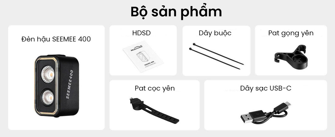 Bộ sản phẩm SEEMEE 400 gồm đèn hậu, dây buộc, pat gọng yên, pat cọc yên, dây sạc USB-C và hướng dẫn sử dụng chính hãng Magicshine.
