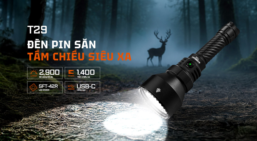 Đèn Pin Chiếu Xa ACEBEAM T29 – Sáng 2900 Lm Chiếu xa 1400m, Pin sạc 5600mAh