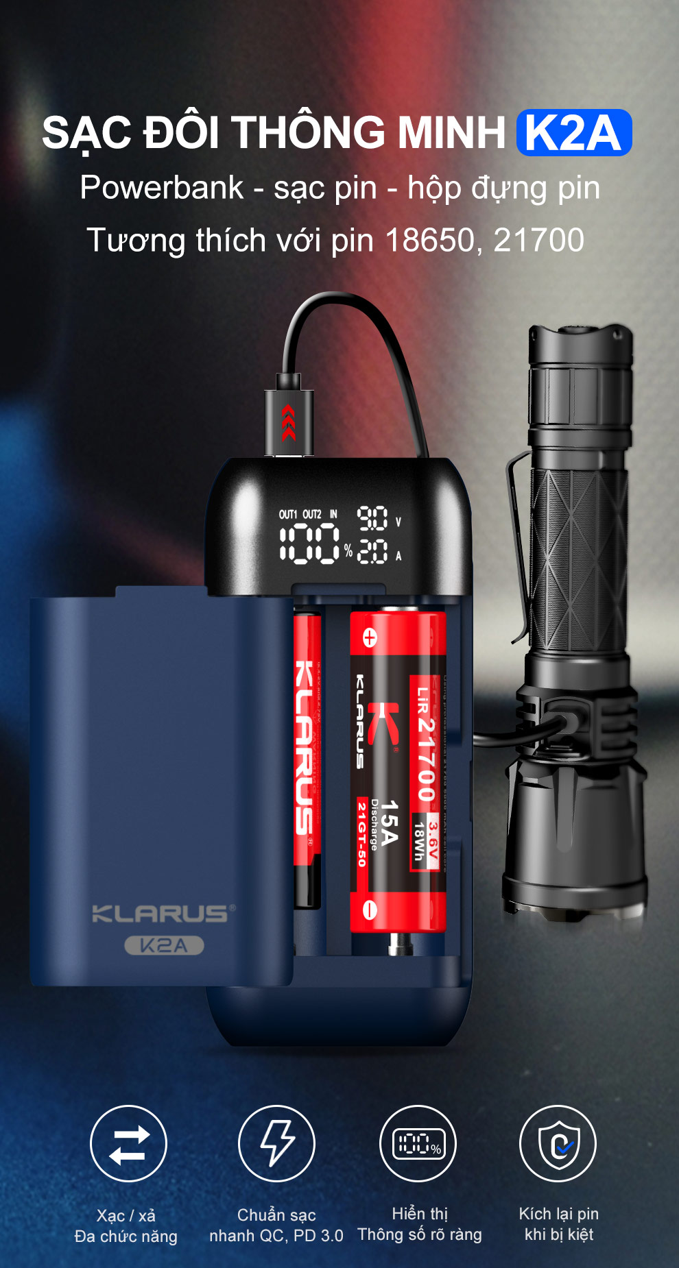 Sạc pin đôi thông minh KLARUS K2A dòng sạc nhanh 2A kiêm chức năng power bank