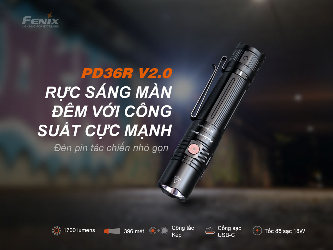 Đèn pin FENIX PD36R V2.0 độ sáng 1700lm chiếu xa 396m sạc USB C pin 21700 5000mAh kèm theo