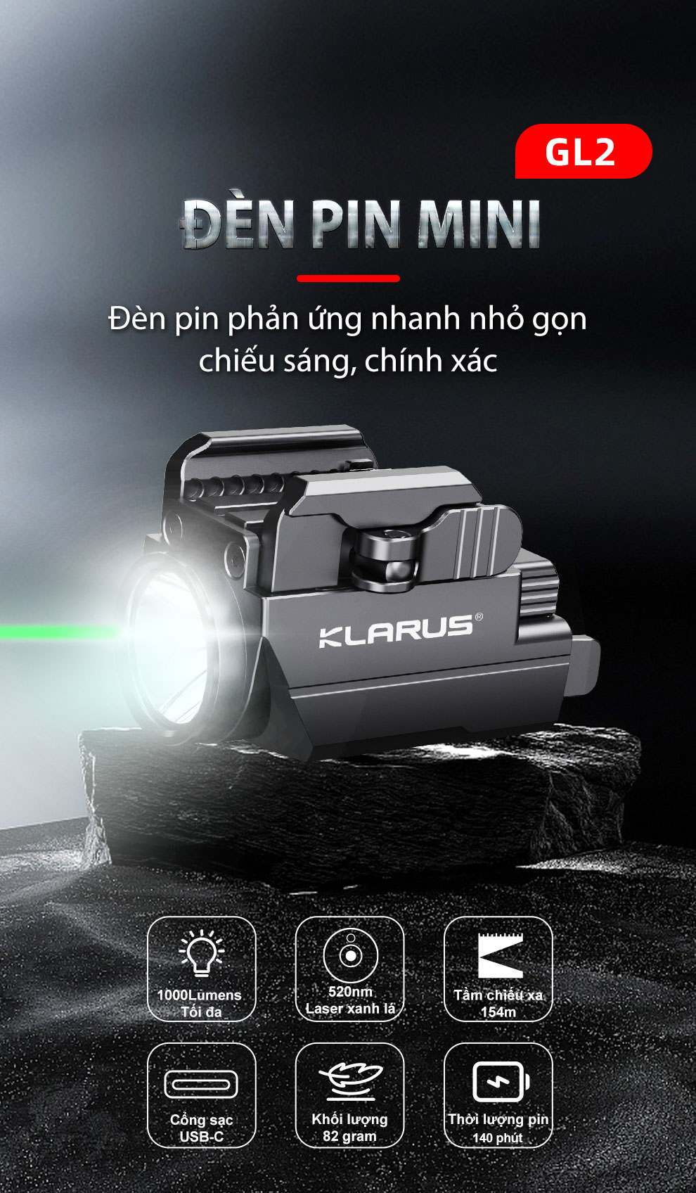 Đèn pin đặc chủng KLARUS GL2 sáng 1000 lumen tích hợp laser xanh lá pin 400mAh
