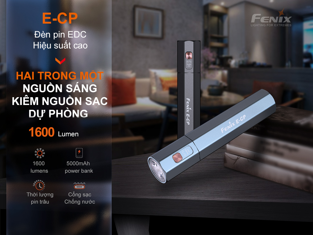 Đèn pin FENIX E-CP độ sáng 1600 lumen tầm xa 222m cổng sạc USB C chức năng Power Bank
