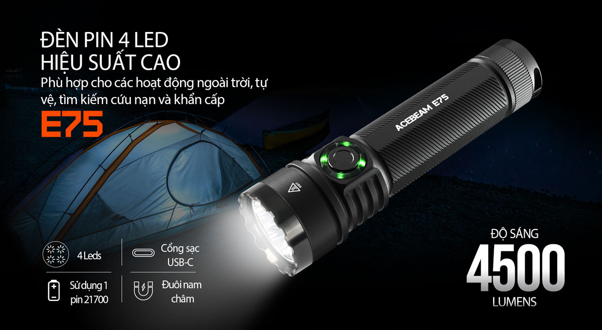 Đèn pin ACEBEAM E75 độ sáng 4500 lumen chiếu xa 260m pin 21700 5000mAh cổng sạc USB-C