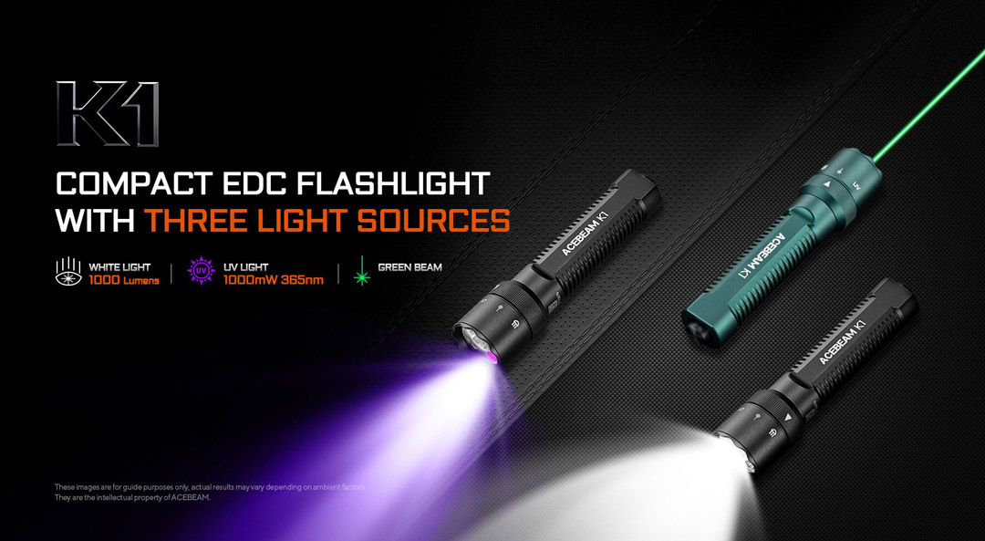 đèn pin ACEBEAM K1 ba nguồn sáng white green UV, đèn pin EDC mini 1000 lumens, chiếu xa 223m