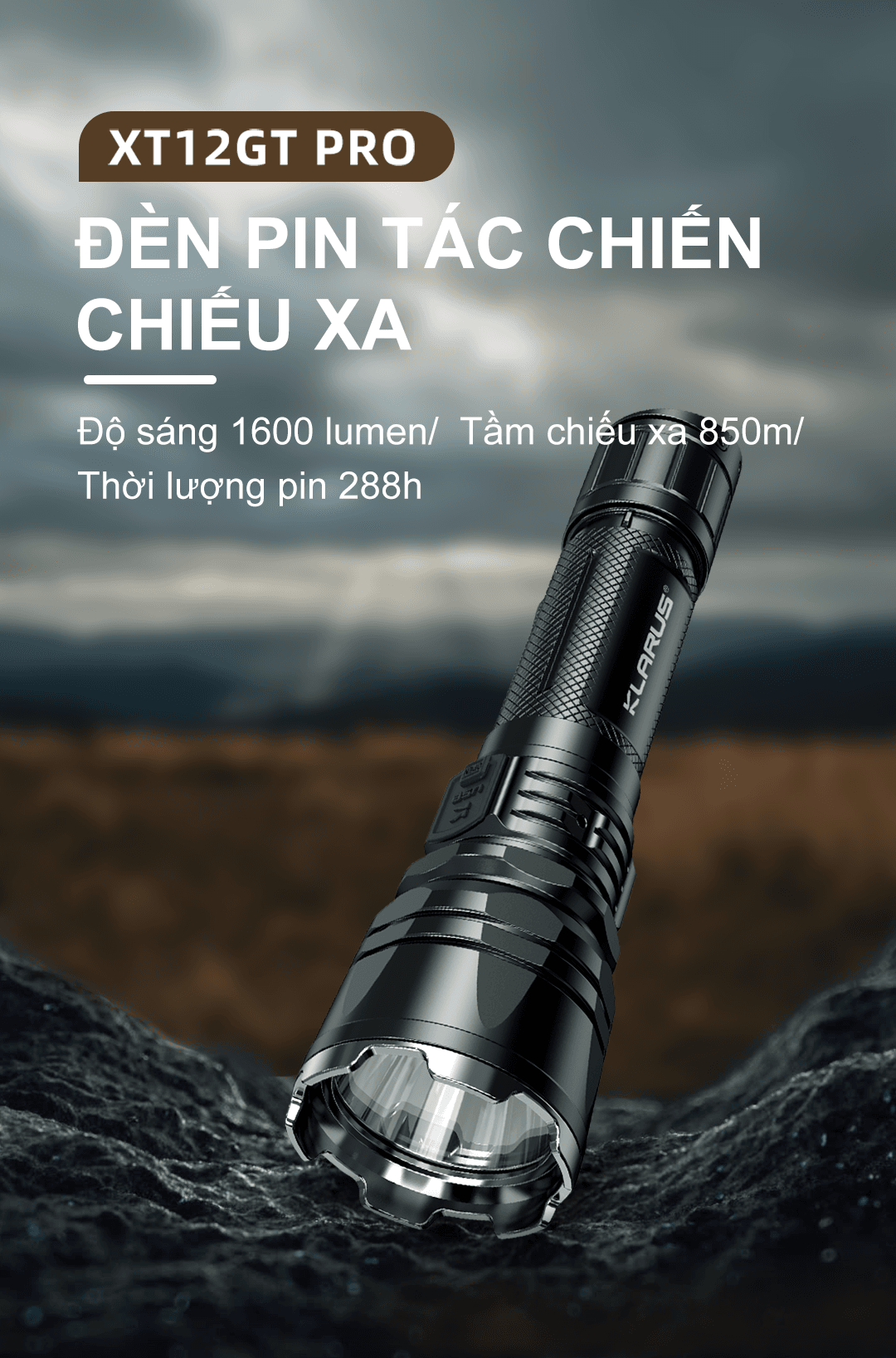 Đèn pin phản ứng nhanh KLARUS XT12GT Pro sáng 1600 lumen chiếu xa 850m kèm pin 21700 5000mAh sạc USB-C