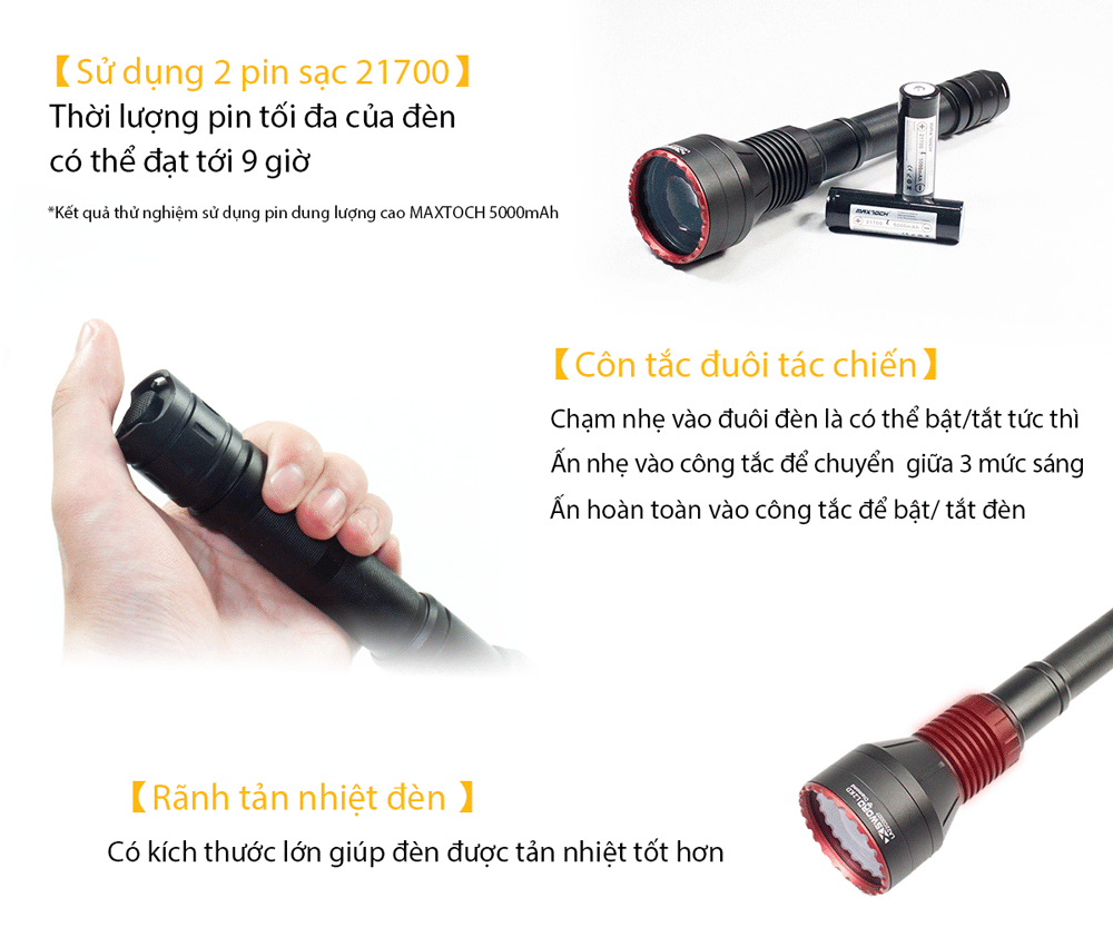 Đèn laser trắng MAXTOCH L2KD tầm chiếu siêu xa 3200m độ sáng 650 lumen sử dụng 2 pin Li-ion 21700 5000 mAh kèm theo