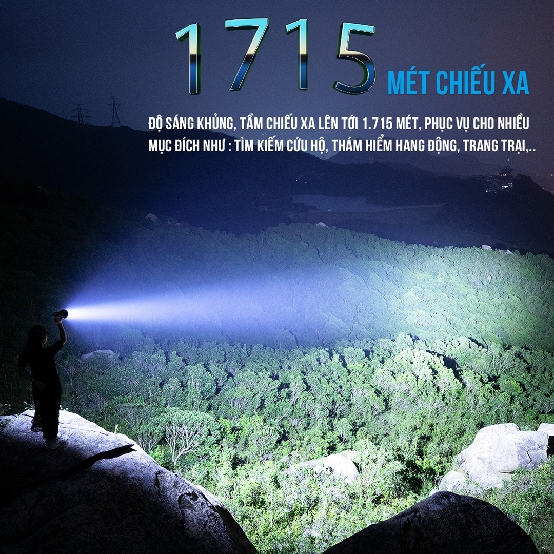 Đèn pin siêu sáng IMALENT SR16 sáng 55.000 lumen chiếu xa 1715m pack 4 pin 21700 tổng 16.000mAh sạc DC