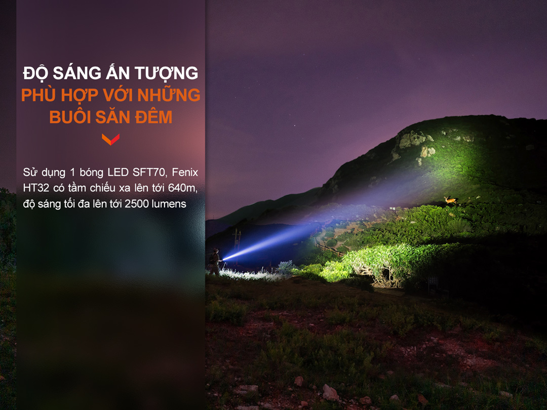 Đèn pin phản ứng nhanh FENIX HT32 sáng 2500 lumen chiếu xa 640m pin sạc 21700 5000mAh kèm theo