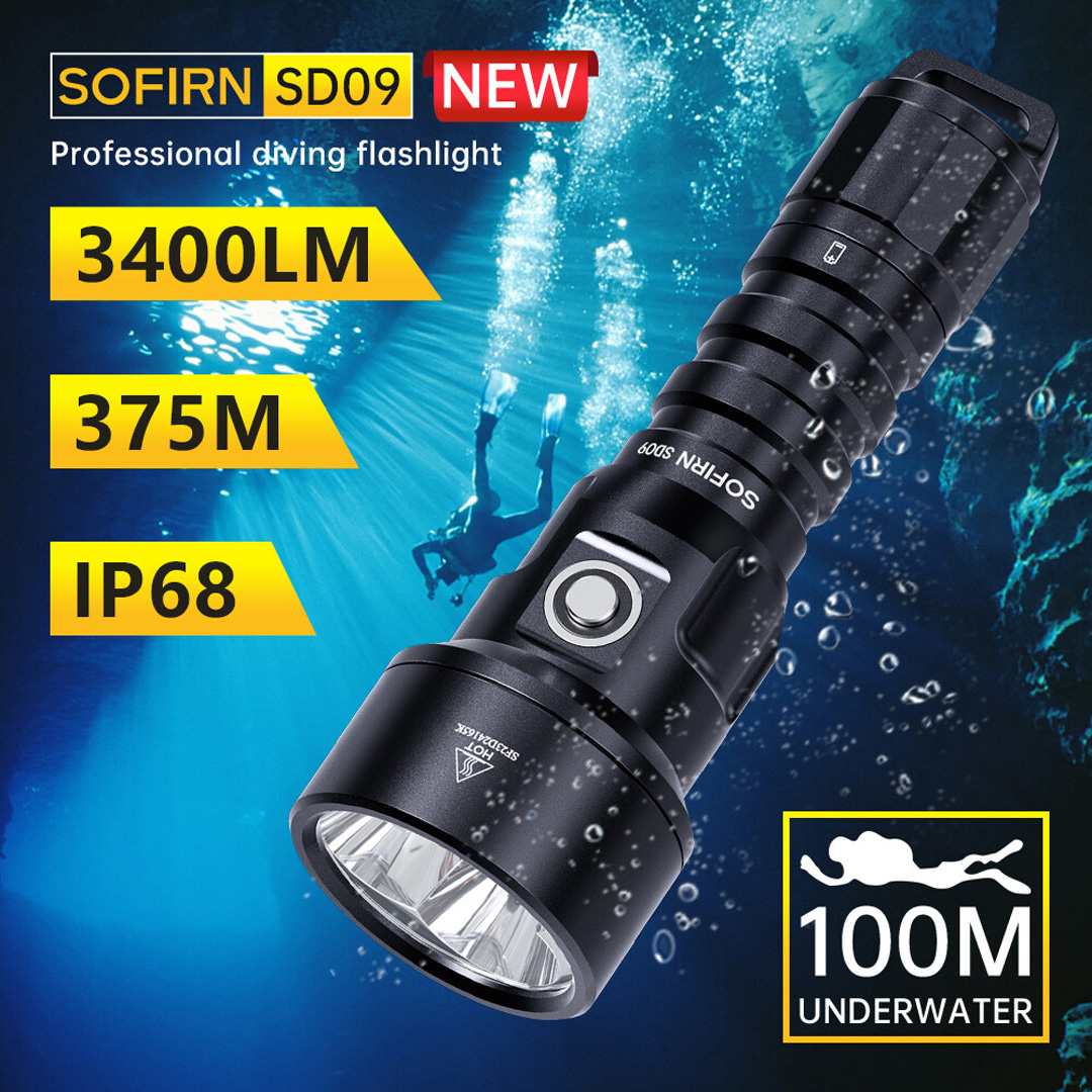 Đèn lặn SOFIRN SD09 sáng 3400 lumen chiếu xa 375m pin 21700 (pin sạc kèm theo)