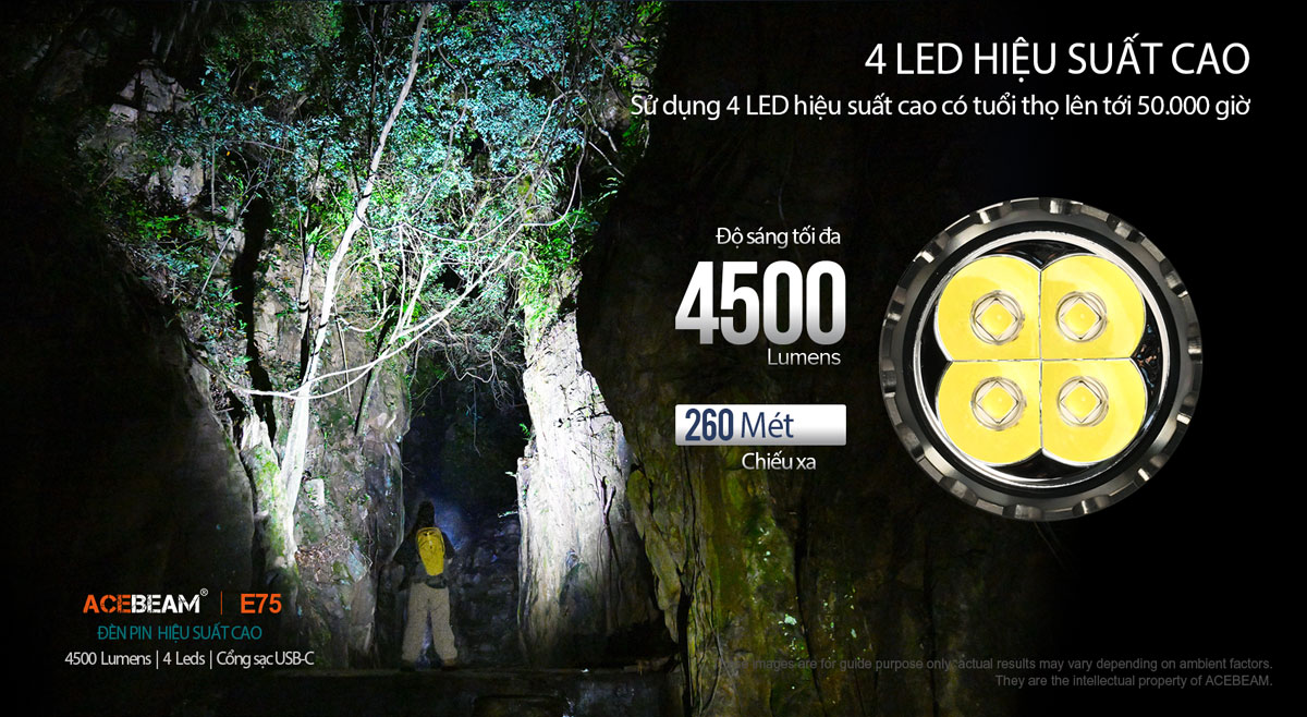 Đèn pin ACEBEAM E75 độ sáng 4500 lumen chiếu xa 260m pin 21700 5000mAh cổng sạc USB-C