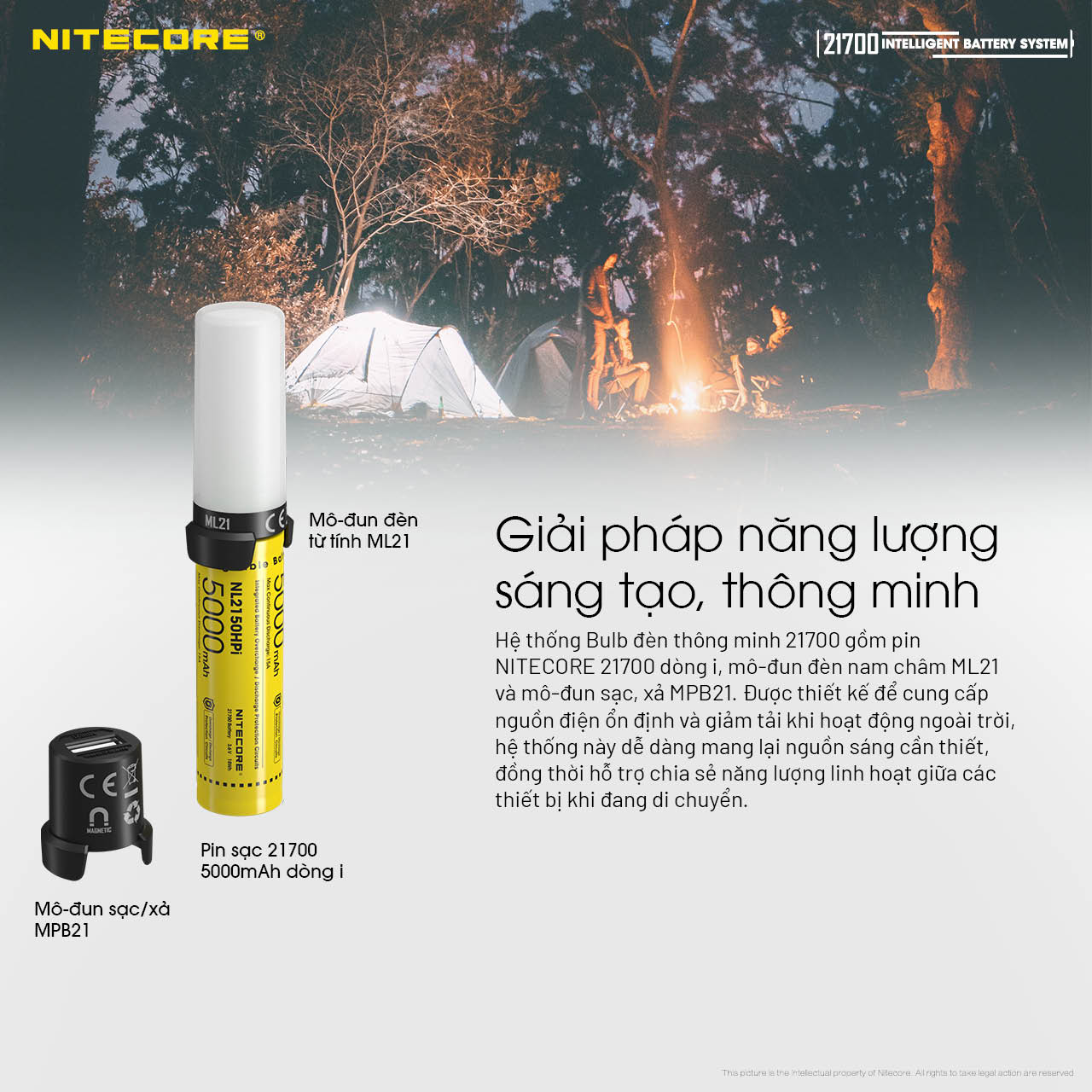 Hệ thống kết hợp pin 21700 i Series, đèn ML21 và MPB21 giúp chiếu sáng, sạc thiết bị và cấp nguồn ổn định khi cắm trại, du lịch.