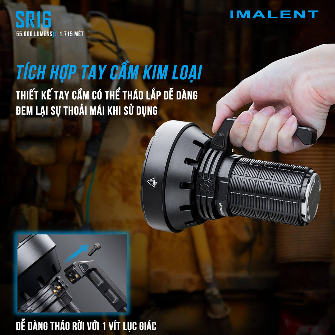 Đèn pin siêu sáng IMALENT SR16 sáng 55.000 lumen chiếu xa 1715m pack 4 pin 21700 tổng 16.000mAh sạc DC