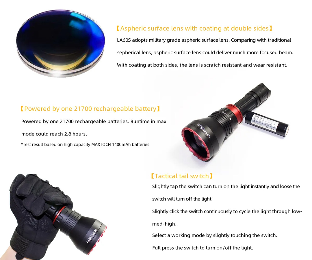 Đèn zoom laser trắng MAXTOCH LA60S tầm chiếu xa 2800m độ sáng 500 lumen sử dụng 1 pin Li-ion 21700 5000 mAh kèm theo