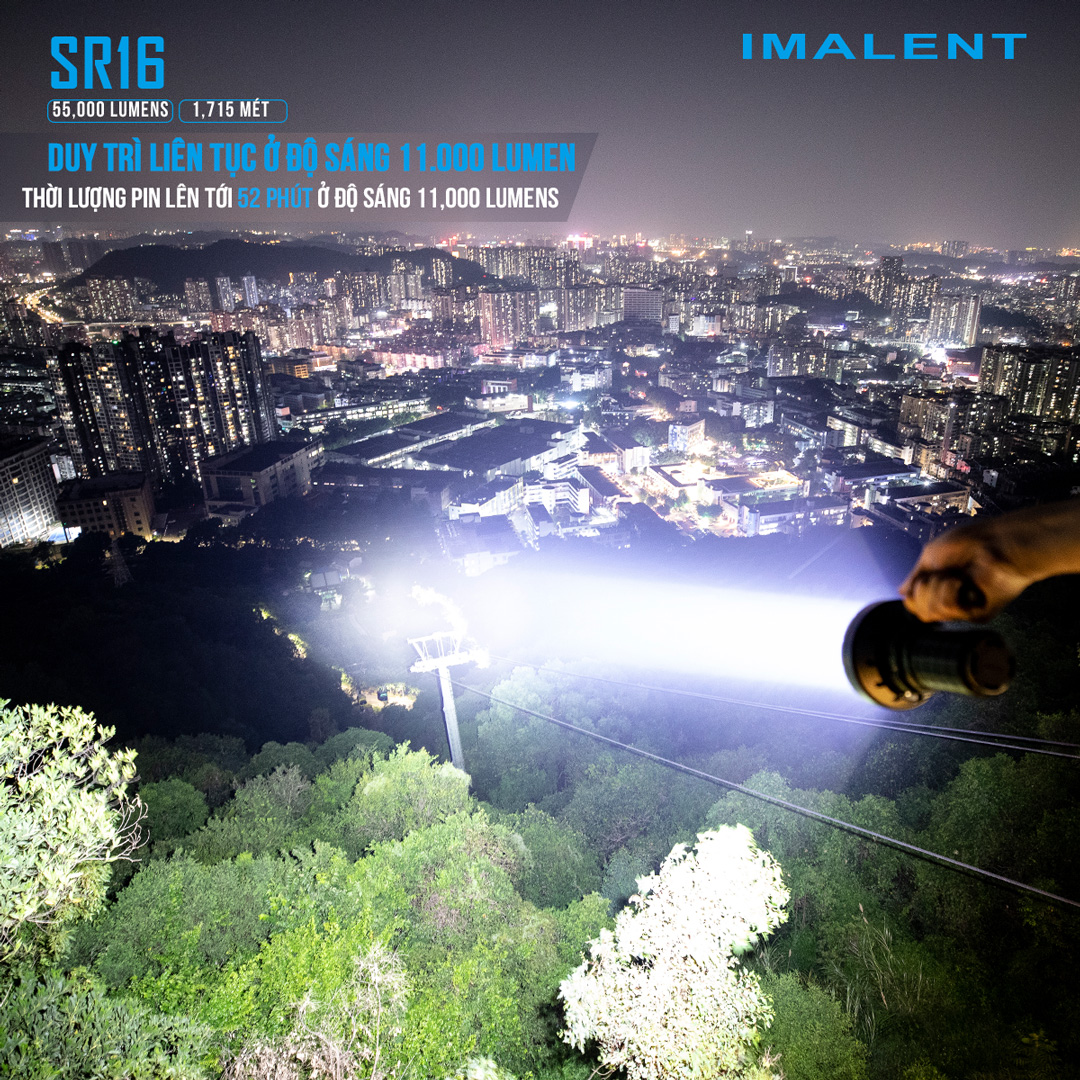 Đèn pin siêu sáng IMALENT SR16 sáng 55.000 lumen chiếu xa 1715m pack 4 pin 21700 tổng 16.000mAh sạc DC