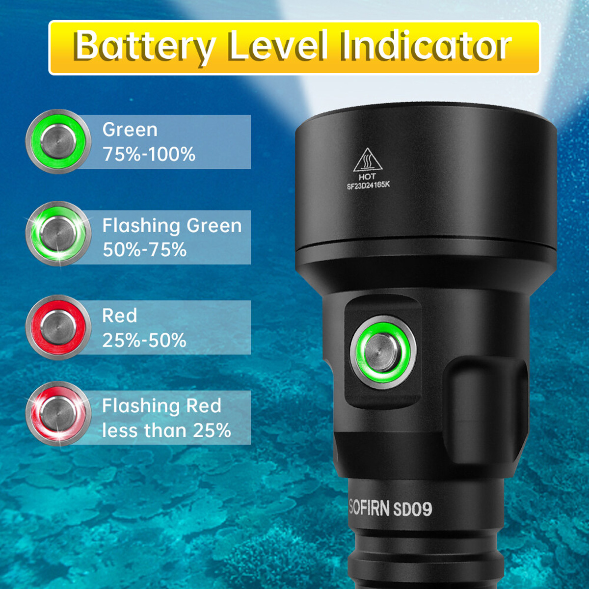 Đèn lặn SOFIRN SD09 sáng 3400 lumen chiếu xa 375m pin 21700 (pin sạc kèm theo)