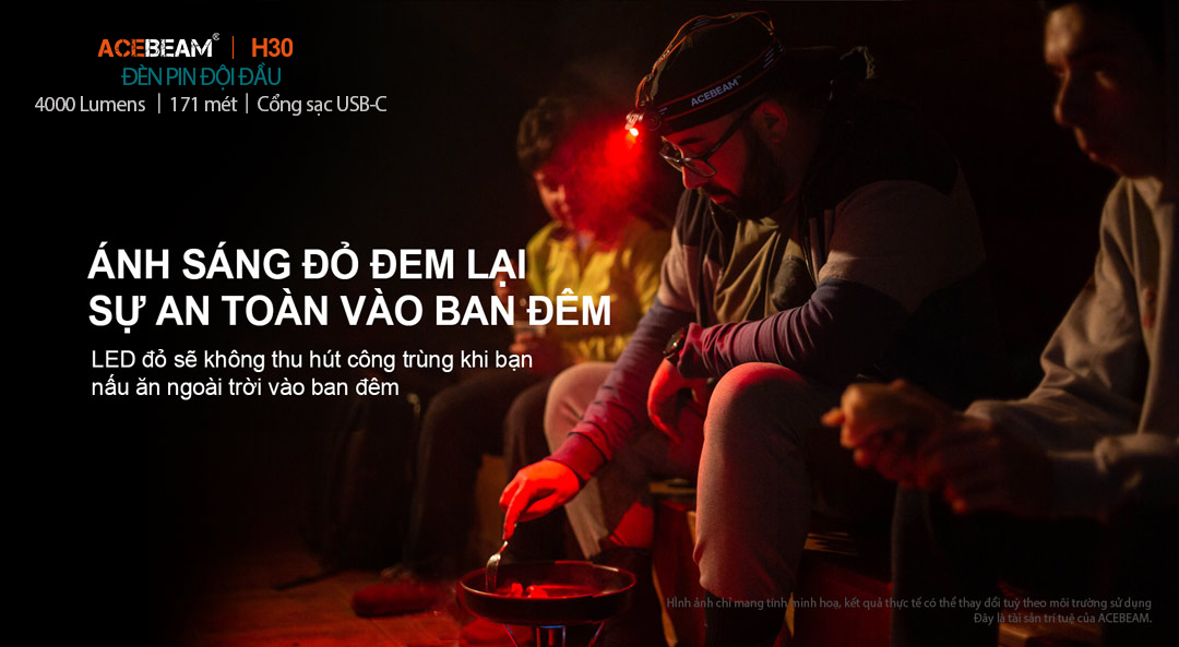 Đèn pin đội đầu ACEBEAM H30 độ sáng 4000 lumen sáng Trắng, 2 Led phụ sáng Đỏ, Xanh Lá, kèm pin 21700 5000mAh, cổng sạc USB-C Powerbank