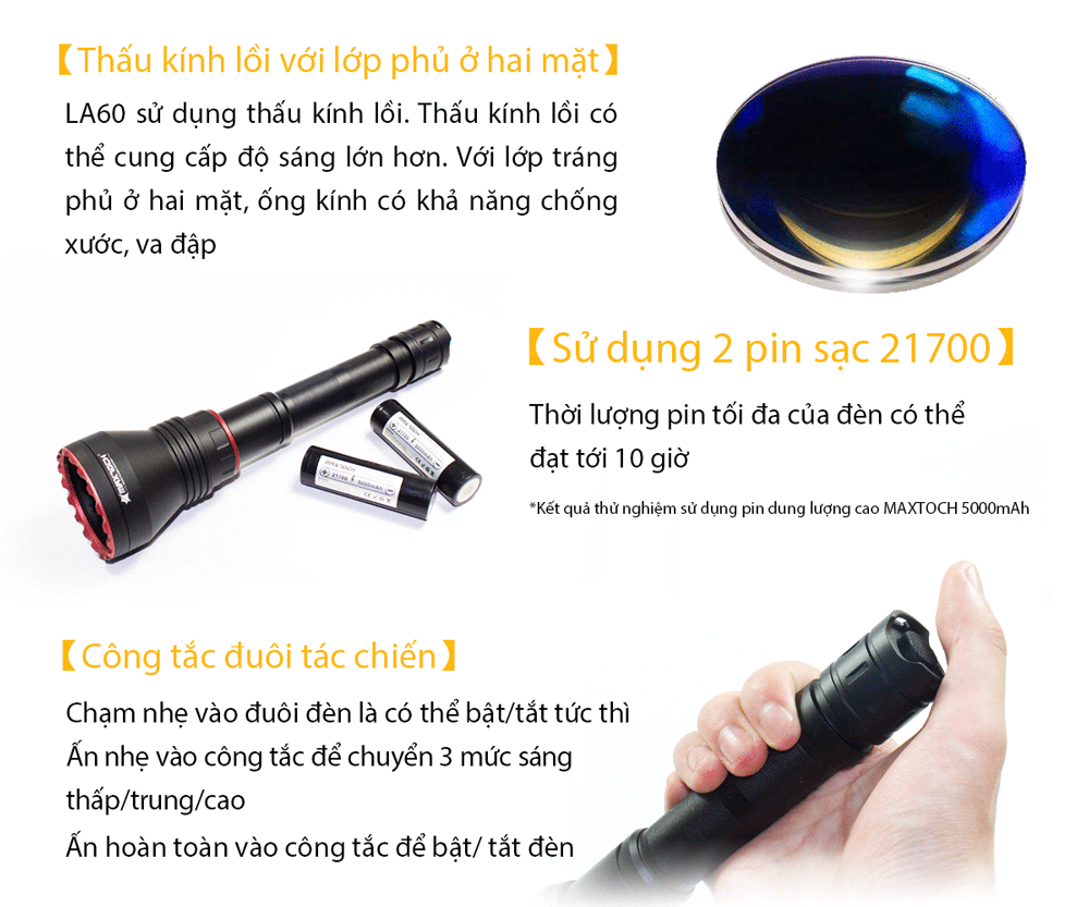 Đèn zoom laser trắng MAXTOCH LA60 tầm chiếu siêu xa 2800m độ sáng 500 lumen sử dụng 2 pin Li-ion 21700 5000 mAh kèm theo
