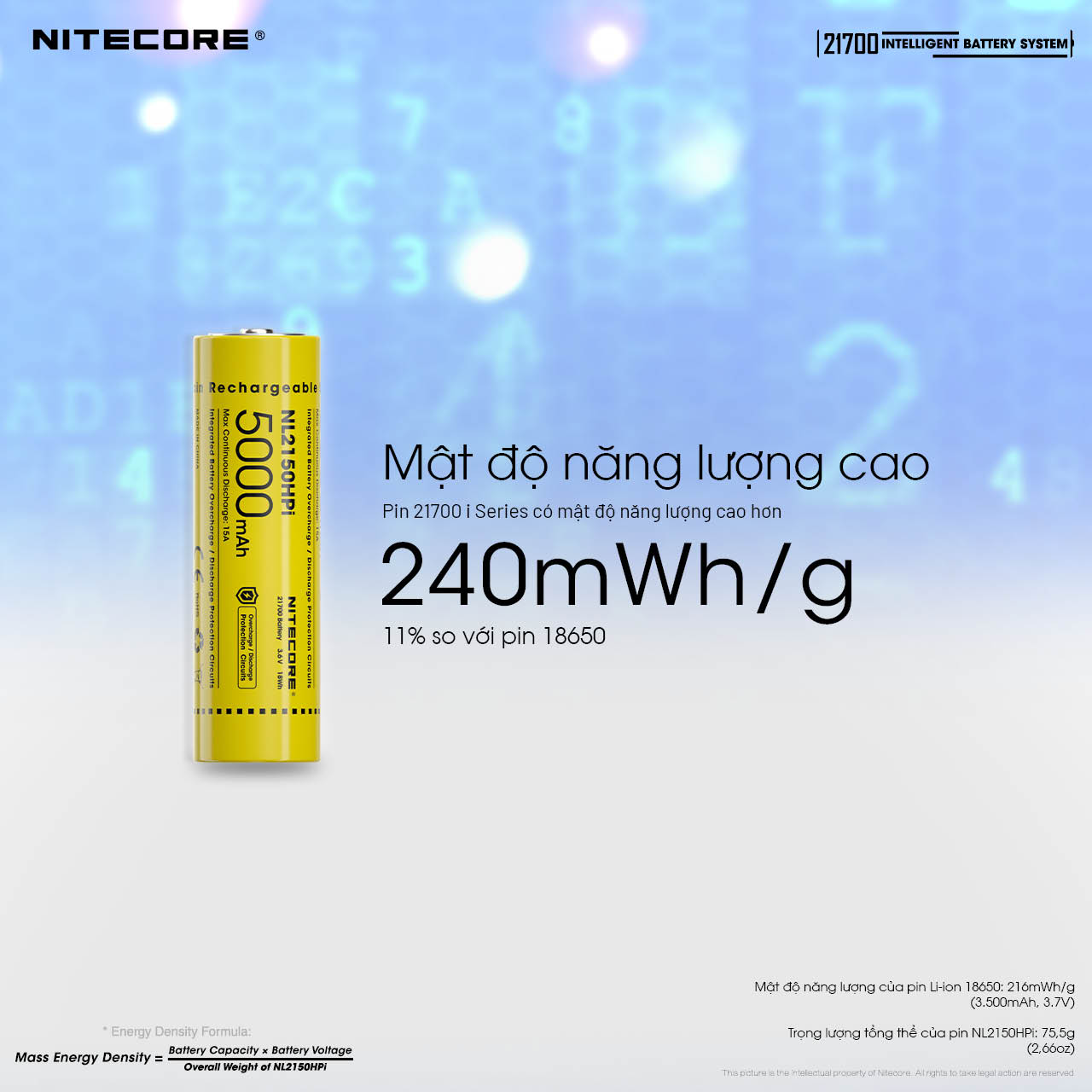 Pin 21700 i Series đạt mật độ năng lượng 240mWh/g, cao hơn khoảng 11% so với pin 18650 thông thường.