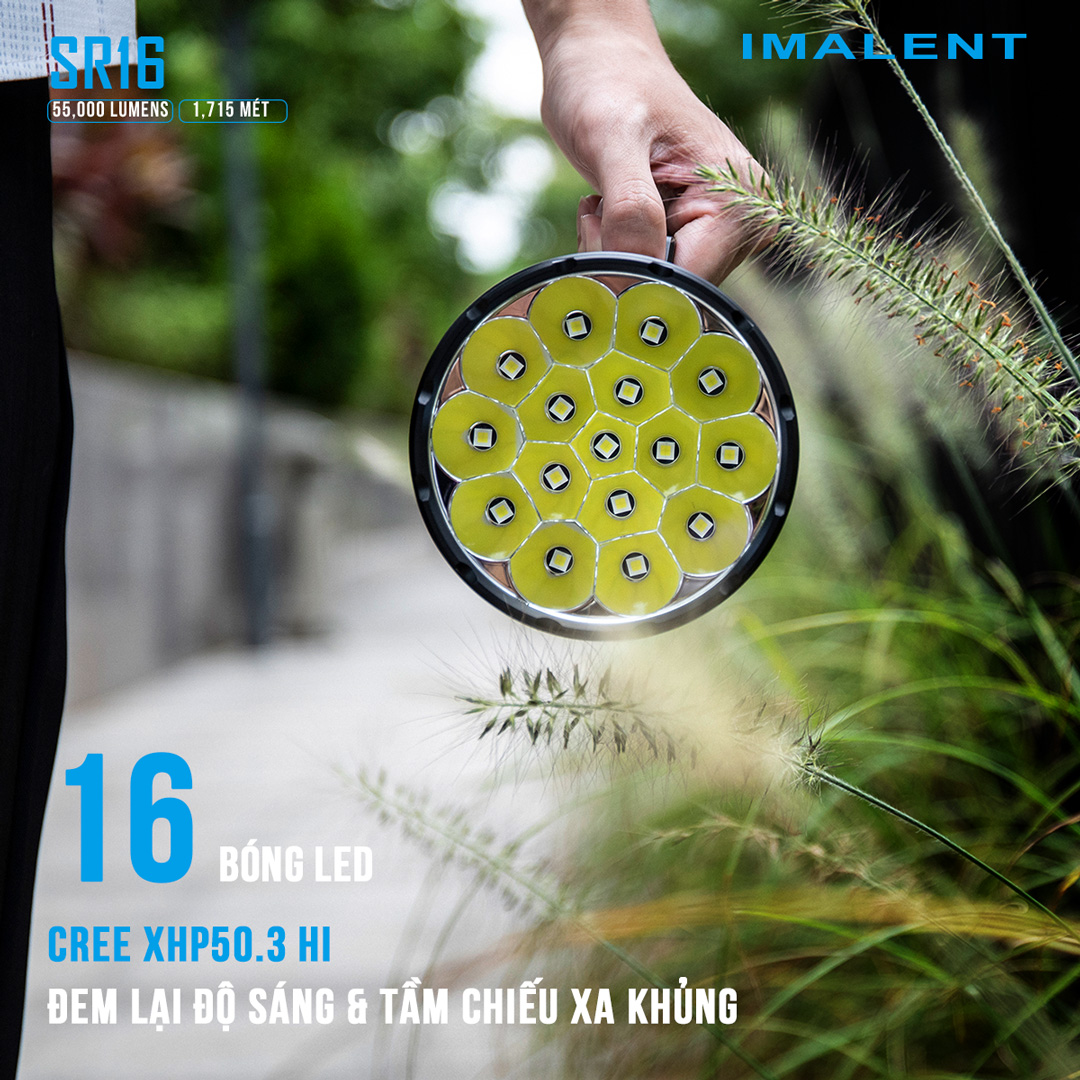 Đèn pin siêu sáng IMALENT SR16 sáng 55.000 lumen chiếu xa 1715m pack 4 pin 21700 tổng 16.000mAh sạc DC