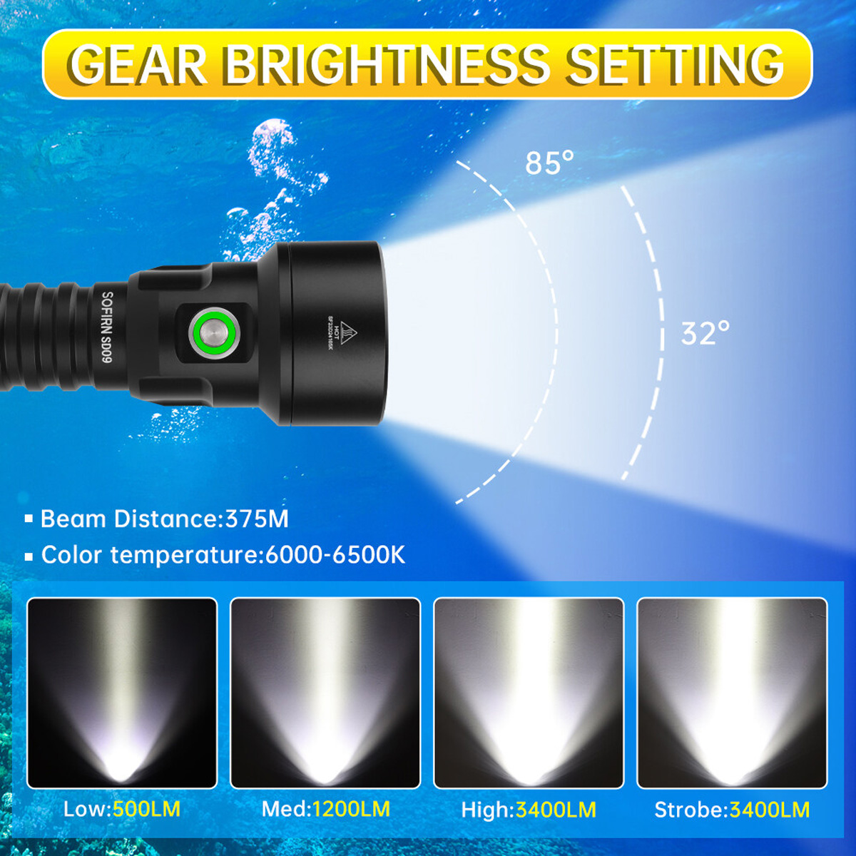 Đèn lặn SOFIRN SD09 sáng 3400 lumen chiếu xa 375m pin 21700 (pin sạc kèm theo)