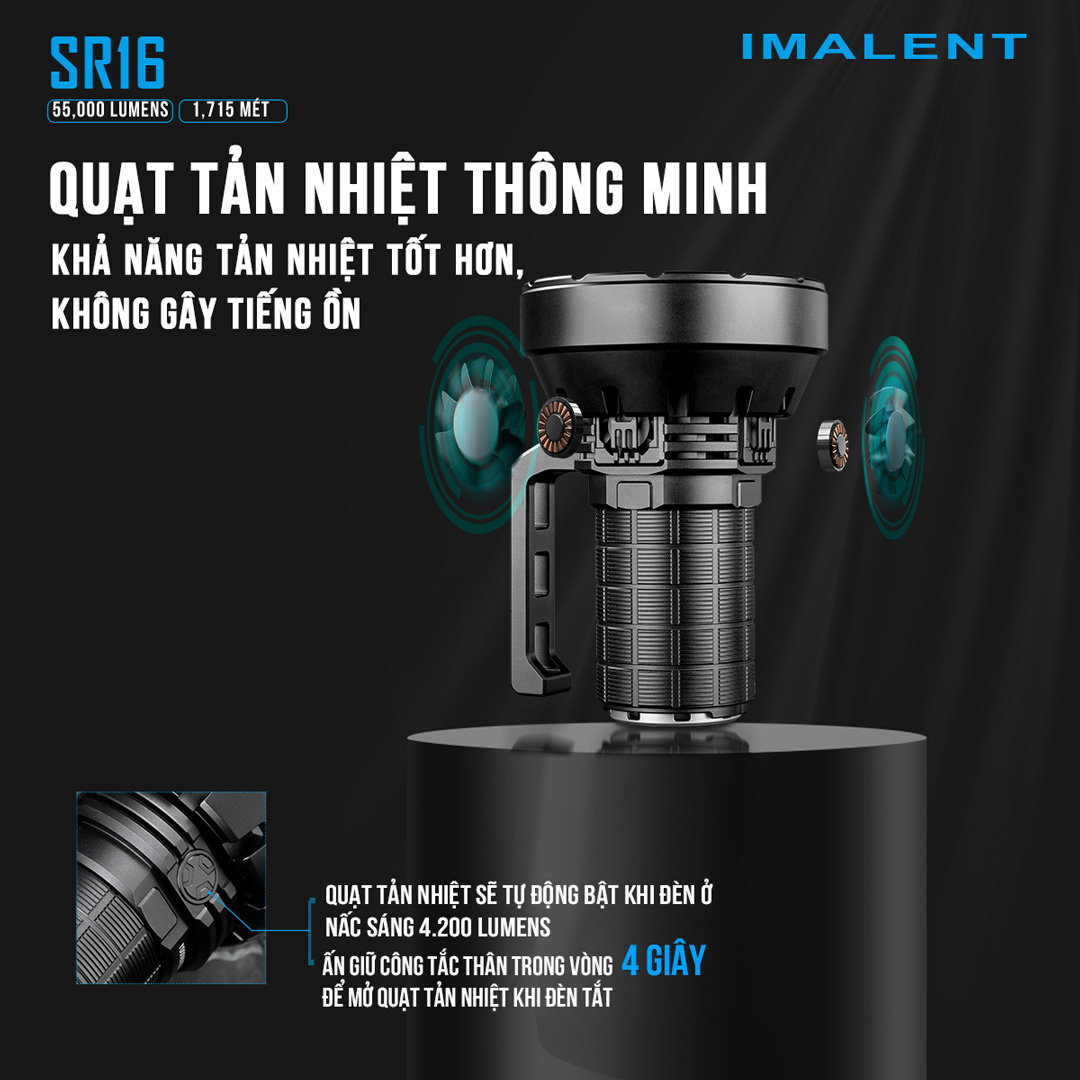 Đèn pin siêu sáng IMALENT SR16 sáng 55.000 lumen chiếu xa 1715m pack 4 pin 21700 tổng 16.000mAh sạc DC