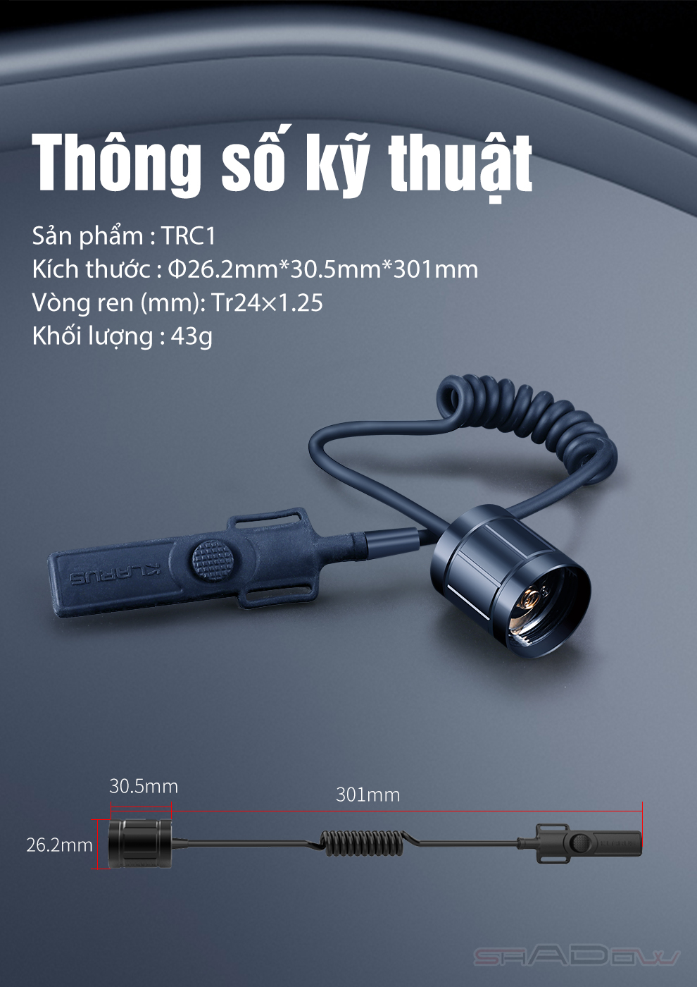 Công tắc điều khiển từ xa đuôi KLARUS TRC1 tương thích với Klarus XT11GT Pro và XT2CR Pro