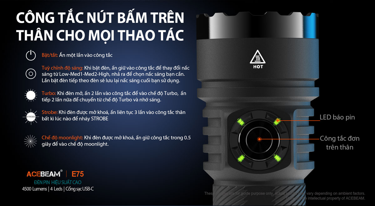 Đèn pin ACEBEAM E75 độ sáng 4500 lumen chiếu xa 260m pin 21700 5000mAh cổng sạc USB-C